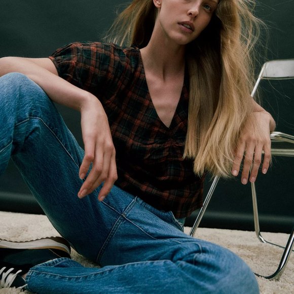 [NWT] Madewell Gathered V-Neck Top in Plaid - Picture 2 of 5